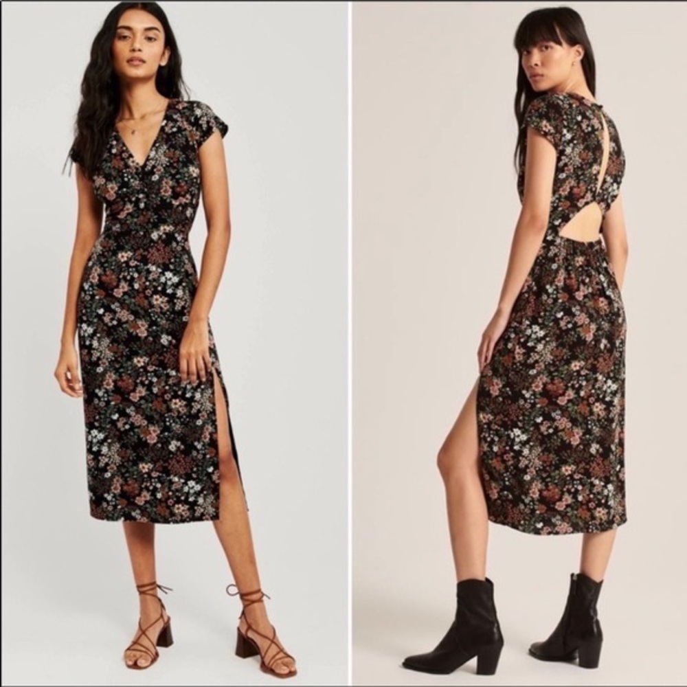 Abercrombie & Fitch Black Floral Open Back Midi Dress